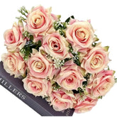 Huitich artificial pink and cream roses bouquet fake flowers for home decoration with greenery